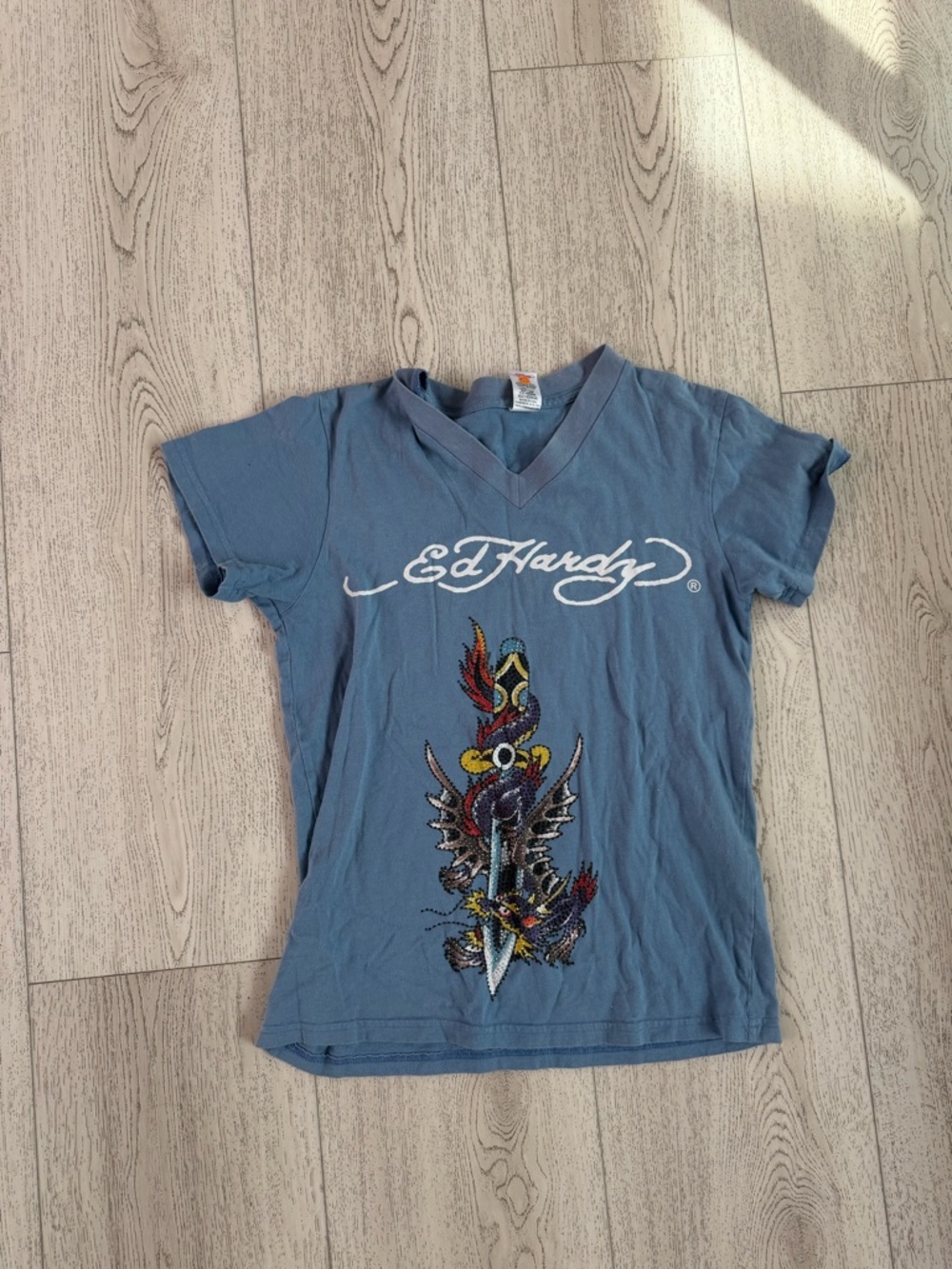 Ed Hardy Blue V-Neck Tee with Multicolor Dagger Art